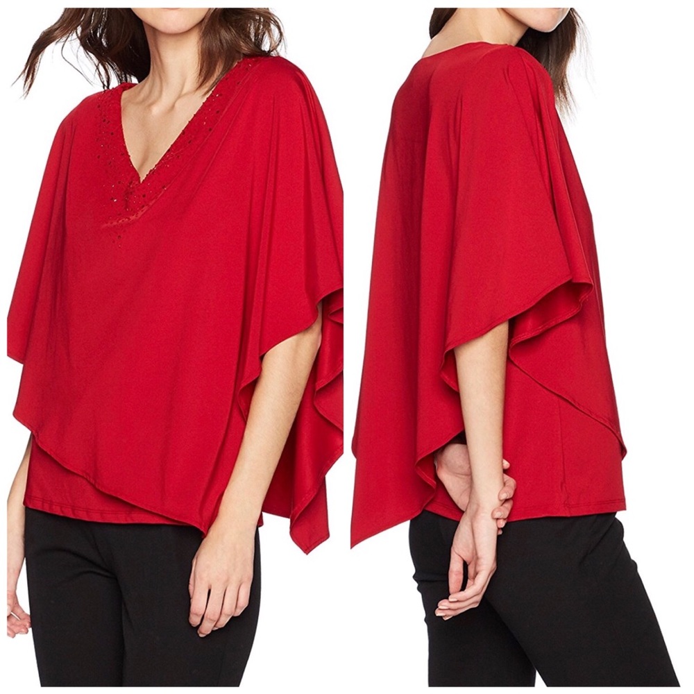 ADRIANNA PAPELL Red V-neck Rhinestone Cape Top